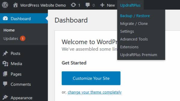UpdraftPlus drop down menu