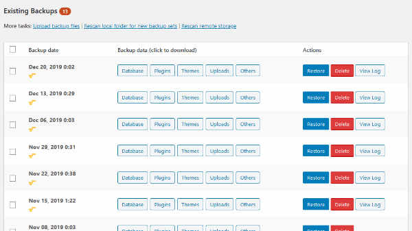 List of existing backups
