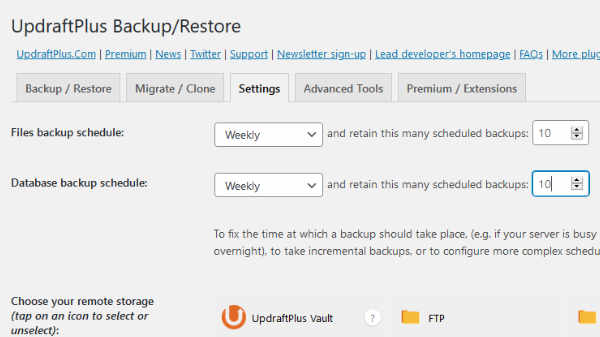Backup schedule screen